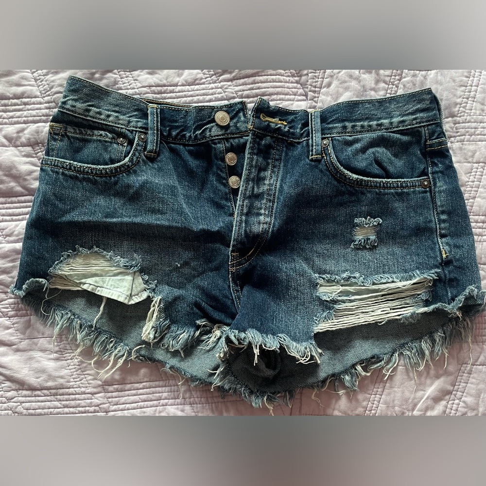 Free People Dark Blue Distressed Jean Shorts